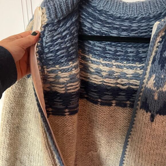 Handmade Fair Isle Wool Full Zip Sweater Blue Cream SZ M - Picture 5 of 7